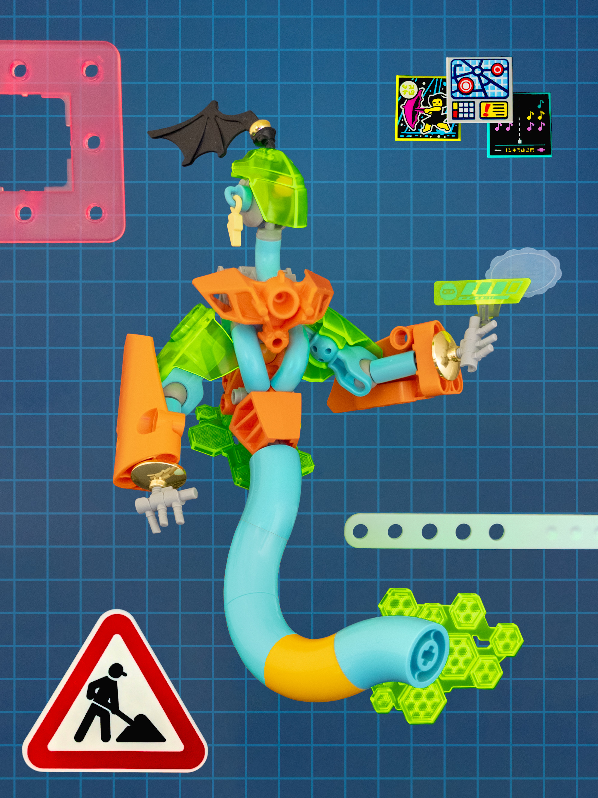 Against a grid of computer popups and user interface elements, a genie buzzing with green electric fields extends its hand to you; it holds a glowing button with three lit indicators