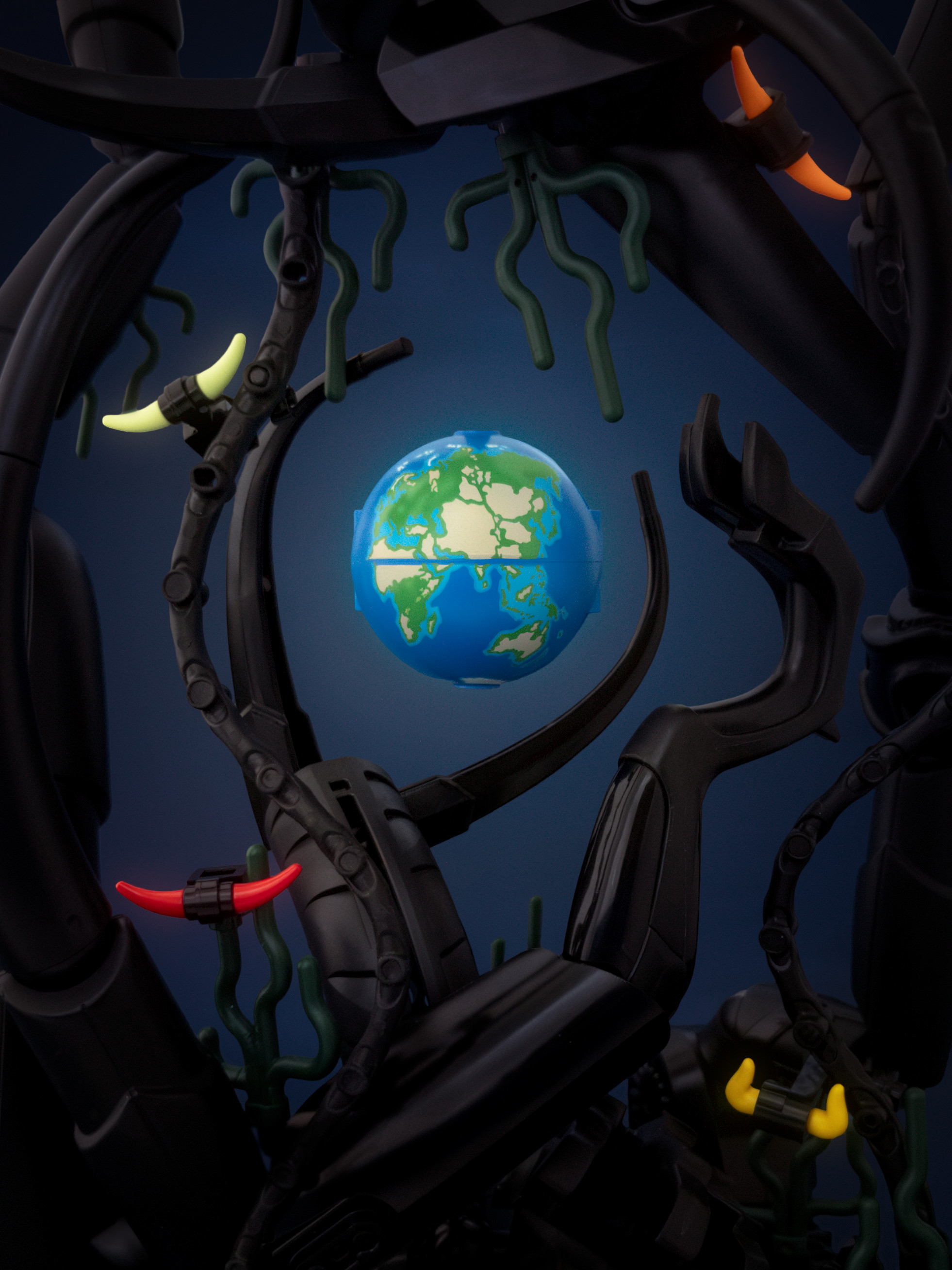 Earth is aglow in light amid a field of black tendrils; glowing pairs of eyes watch from the darkest corners