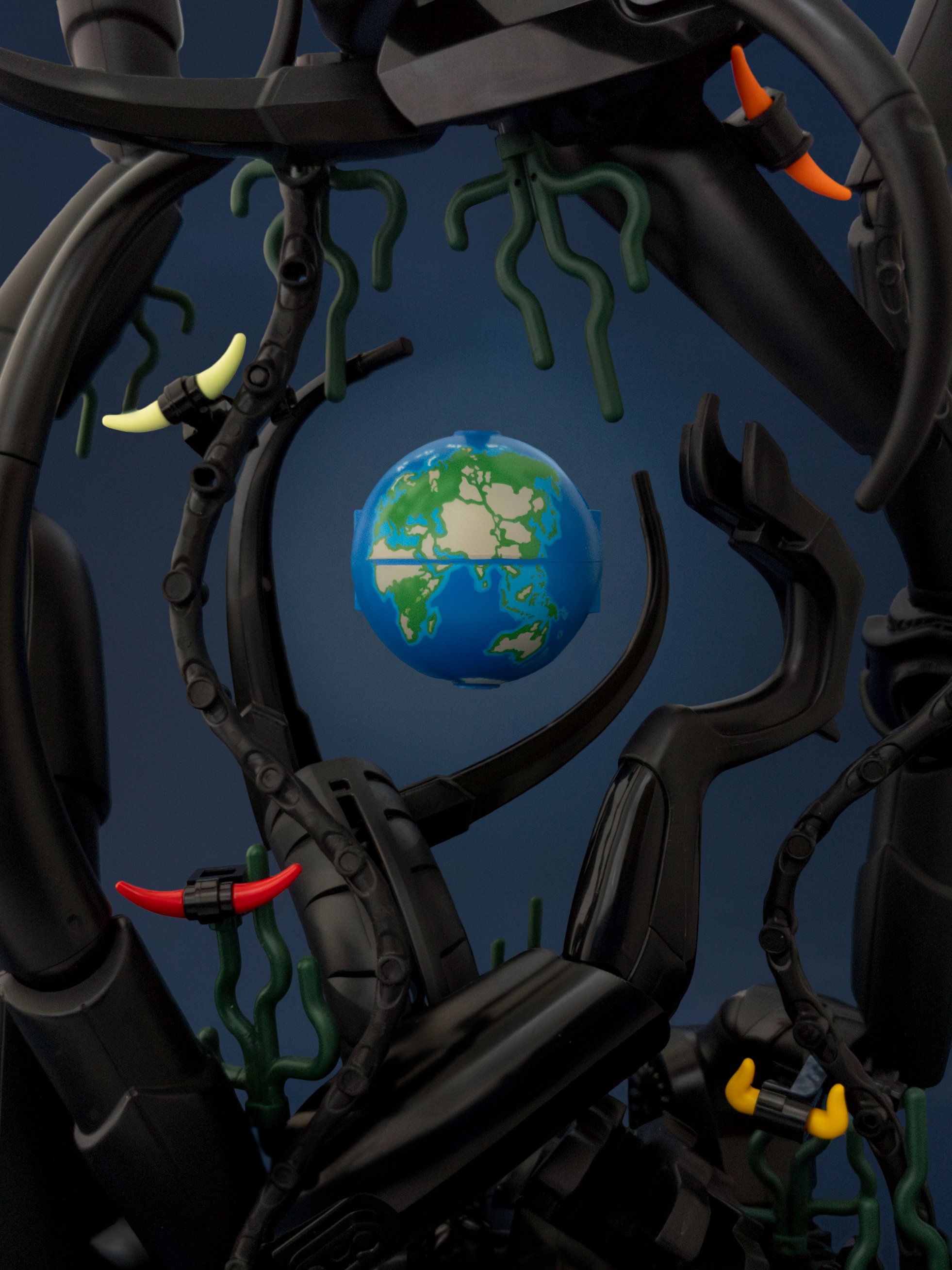 Stand is removed; even navy-color gradient fills the gaps between all tendrils, creating a soft spot of light around the Earth