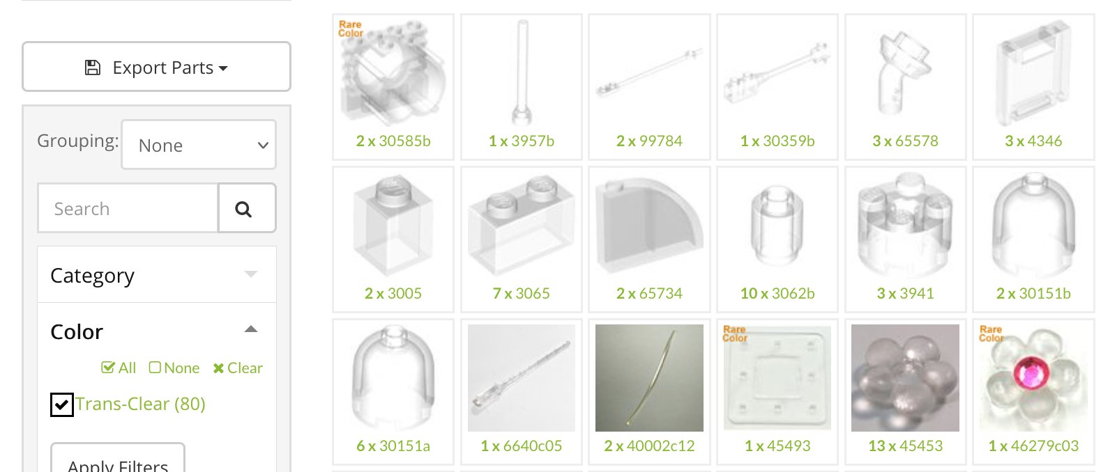 Screenshot: Thumbnails of transparent clear Lego elements in a search pane